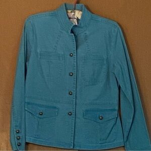 𝅺stretchy Style & Co Denim Jacket w/ Stand-Up Collar - Turquoise